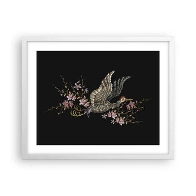 Plakát v bílém rámu - Exotický vyšívaný pták - 50x40 cm