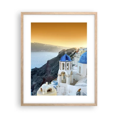 Plakát v rámu světlý dub - Santorini - přitulené ke skalám - 40x50 cm