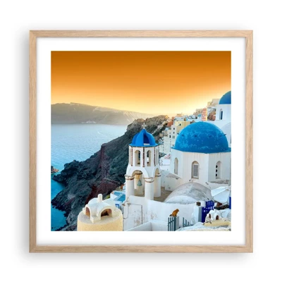 Plakát v rámu světlý dub - Santorini - přitulené ke skalám - 50x50 cm