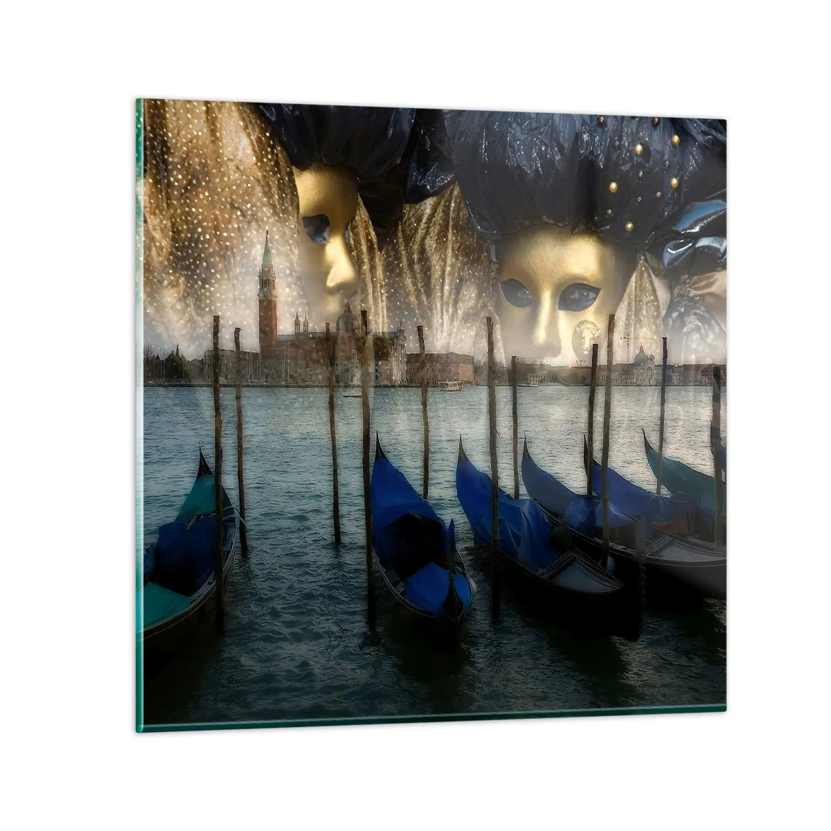 Obraz na skle Arttor 70x70 cm - Je čas začít karneval - Benátky, Masky, Město, Architektura, Gondola, Do obývacího pokoje, Do ložnice, Modrá, Zlatá, Vodorovné, Sklo, GAC70x70-0250