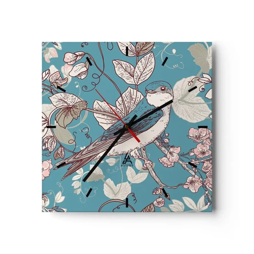Nástěnné hodiny - Na bílém stromě ptáci a stříbrné listí - 30x30 cm