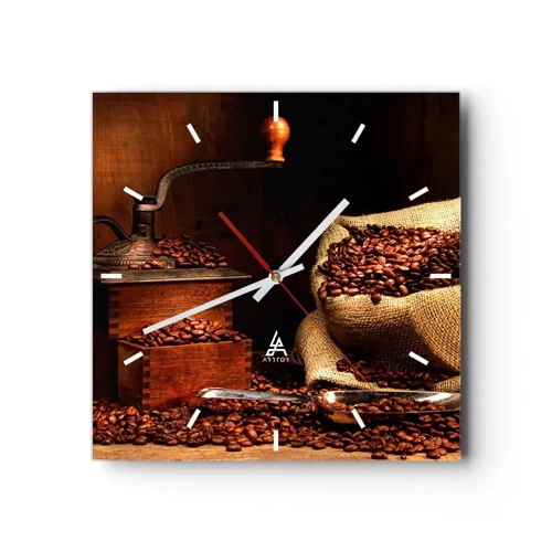 Nástěnné hodiny - Zátiší se zrnky kávy a mlýnkem - 30x30 cm