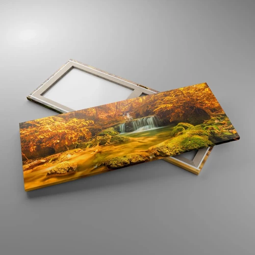 Obraz na plátně - Lesní vodopád ve zlaté - 100x40 cm