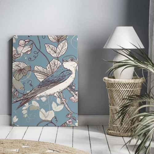 Obraz na plátně - Na bílém stromě ptáci a stříbrné listí - 50x70 cm