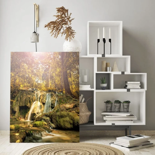 Obraz na skle - Lesní vodopád v zelené - 50x70 cm