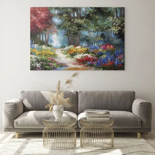 Obraz na skle - Lesní zahrada, květinový les - 100x70 cm