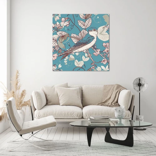 Obraz na skle - Na bílém stromě ptáci a stříbrné listí - 30x30 cm