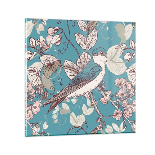 Obraz na skle - Na bílém stromě ptáci a stříbrné listí - 60x60 cm