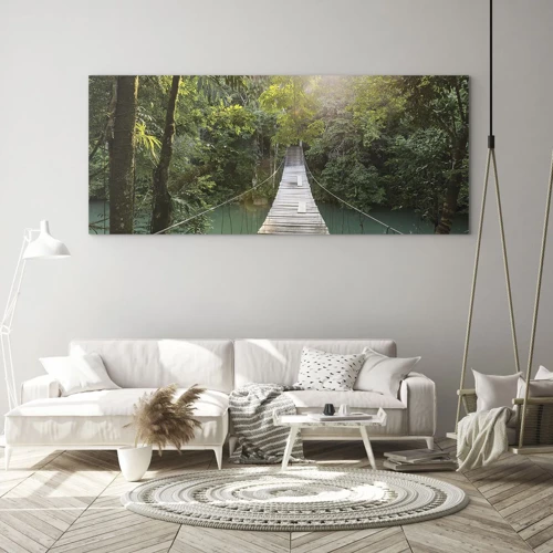 Obraz na skle - Nad azurovou vodou do azurového lesa - 120x50 cm