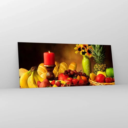 Obraz na skle - Zátiší s pečivem a ovocem - 120x50 cm
