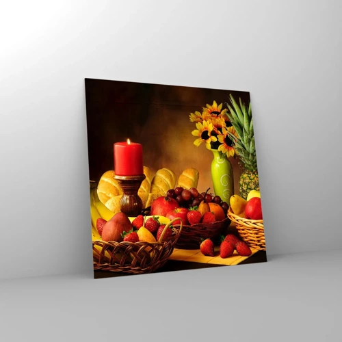 Obraz na skle - Zátiší s pečivem a ovocem - 50x50 cm
