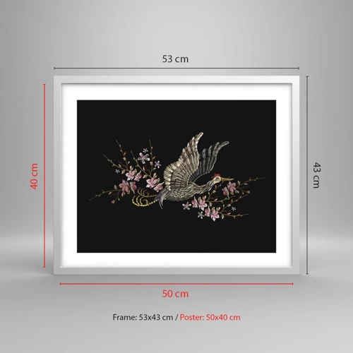 Plakát v bílém rámu - Exotický vyšívaný pták - 50x40 cm