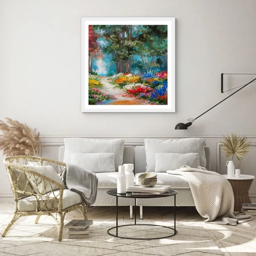 Plakát v bílém rámu - Lesní zahrada, květinový les - 50x50 cm