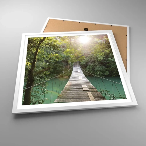 Plakát v bílém rámu - Nad azurovou vodou do azurového lesa - 60x60 cm