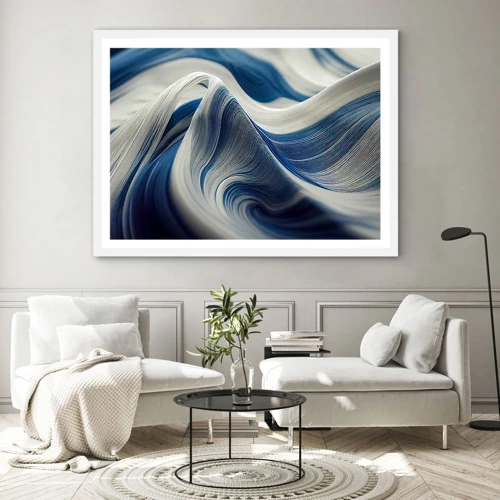 Plakát v bílém rámu - Plynulost modré a bílé - 100x70 cm