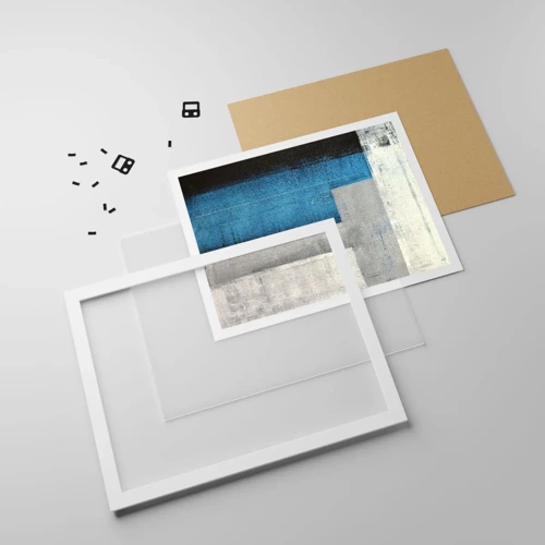 Plakát v bílém rámu - Poetická kompozice šedé a modré - 100x70 cm