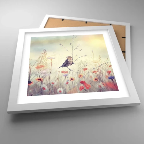 Plakát v bílém rámu - Portrét ptáka s loukou v pozadí - 30x30 cm