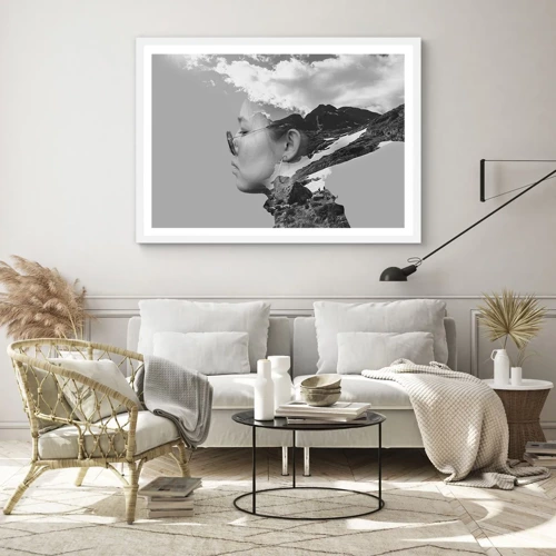 Plakát v bílém rámu - Povznešen portrét v oblacích - 100x70 cm