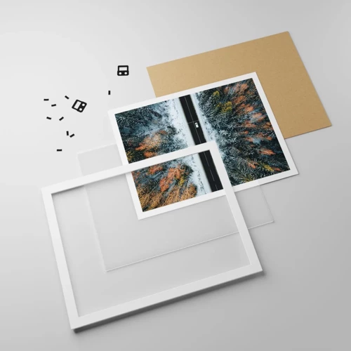 Plakát v bílém rámu - Přes zimní les - 91x61 cm