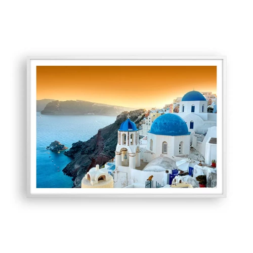 Plakát v bílém rámu - Santorini - přitulené ke skalám - 100x70 cm