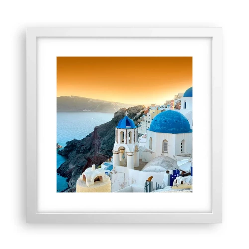 Plakát v bílém rámu - Santorini - přitulené ke skalám - 30x30 cm