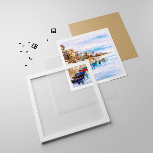 Plakát v bílém rámu - Vícebarevný městský přístav - 40x40 cm