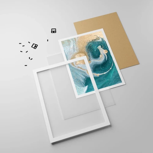 Plakát v bílém rámu - Vír zlaté a tyrkysové - 70x100 cm