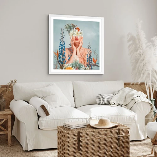 Plakát v bílém rámu - Žena – květina - 40x40 cm