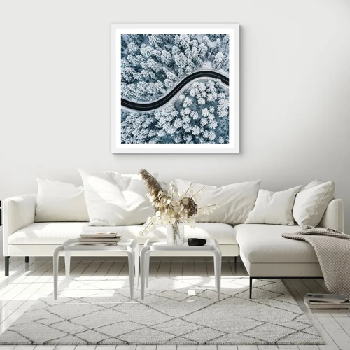 Plakát v bílém rámu - Zimním lesem - 30x30 cm