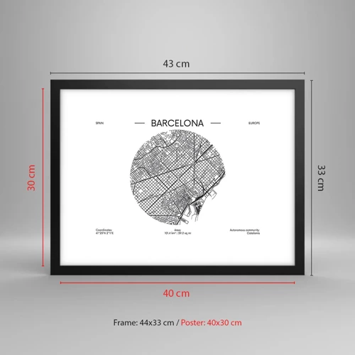 Plakát v černém rámu - Anatomie Barcelony - 40x30 cm