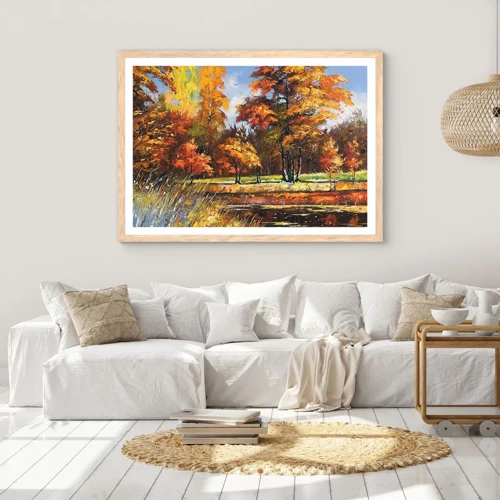 Plakát v rámu světlý dub - Krajinka ve zlaté a hnědé - 100x70 cm
