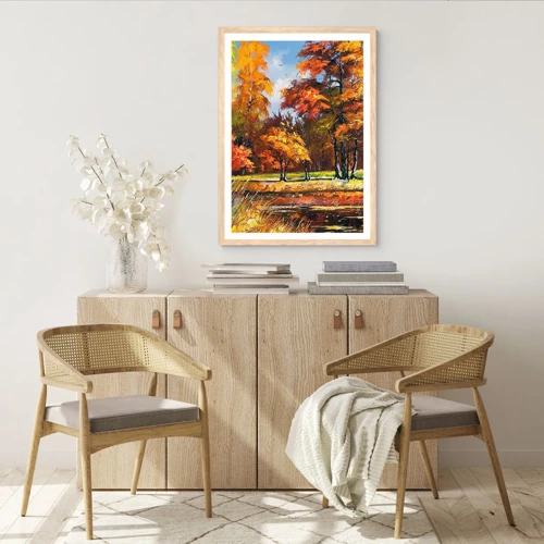 Plakát v rámu světlý dub - Krajinka ve zlaté a hnědé - 40x50 cm