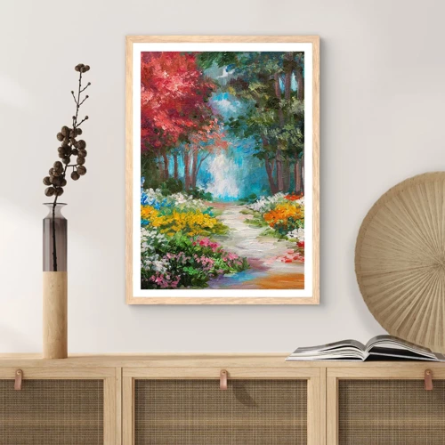 Plakát v rámu světlý dub - Lesní zahrada, květinový les - 40x50 cm