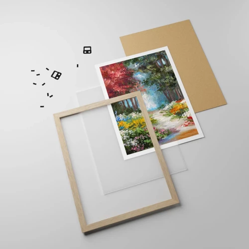 Plakát v rámu světlý dub - Lesní zahrada, květinový les - 61x91 cm