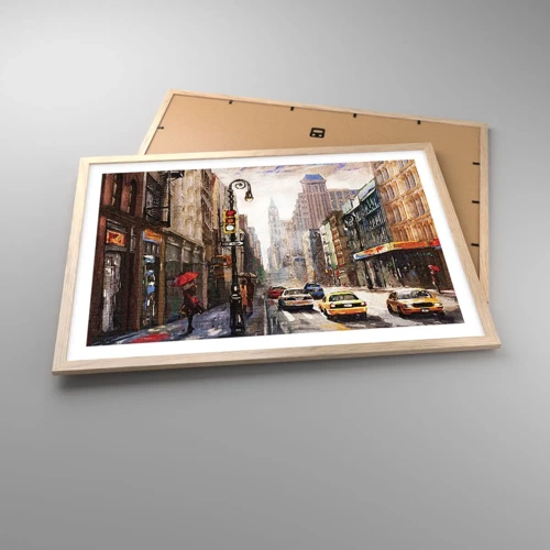 Plakát v rámu světlý dub - New York – barevný i v dešti - 70x50 cm