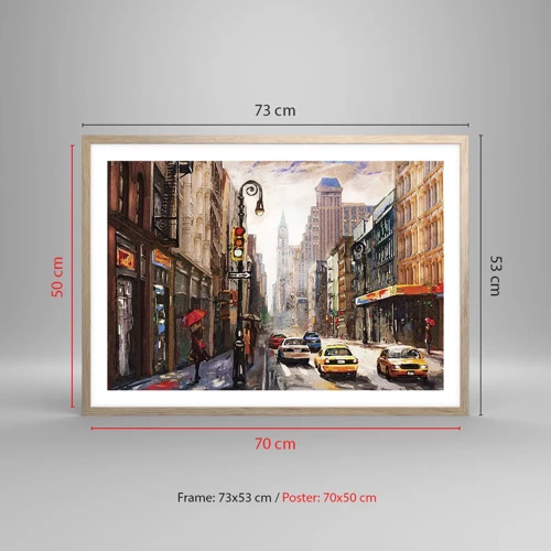 Plakát v rámu světlý dub - New York – barevný i v dešti - 70x50 cm