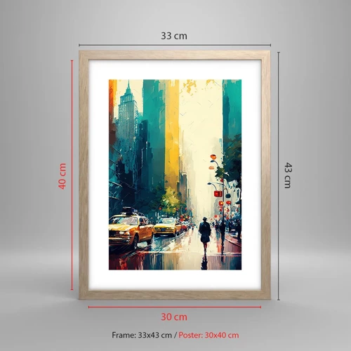 Plakát v rámu světlý dub - New York – tady je i déšť barevný - 30x40 cm