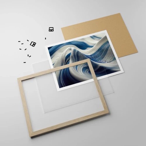 Plakát v rámu světlý dub - Plynulost modré a bílé - 70x50 cm
