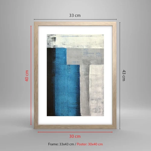 Plakát v rámu světlý dub - Poetická kompozice šedé a modré - 30x40 cm