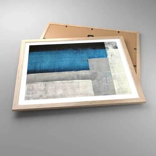Plakát v rámu světlý dub - Poetická kompozice šedé a modré - 50x40 cm