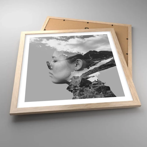 Plakát v rámu světlý dub - Povznešen portrét v oblacích - 40x40 cm