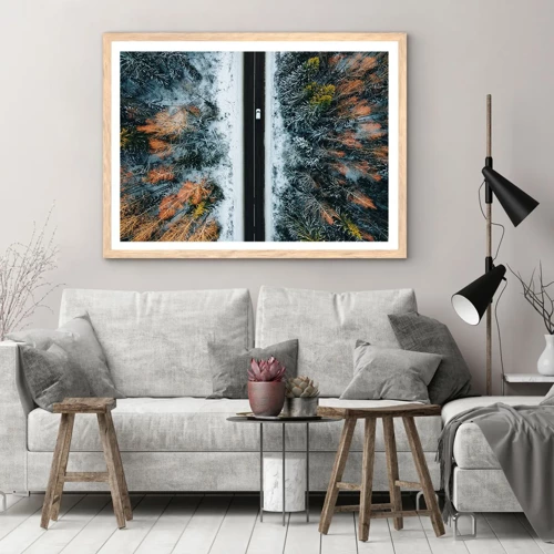 Plakát v rámu světlý dub - Přes zimní les - 100x70 cm