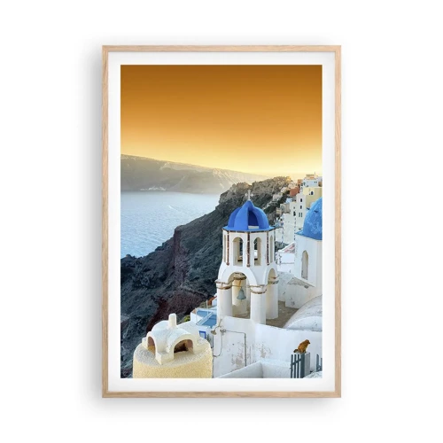 Plakát v rámu světlý dub - Santorini - přitulené ke skalám - 61x91 cm