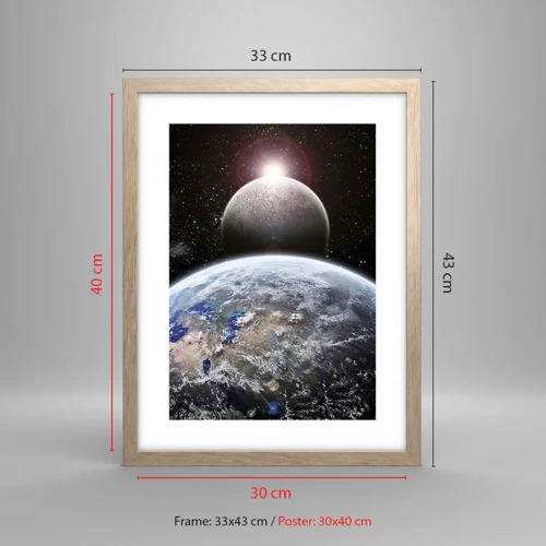 Plakát v rámu světlý dub - Vesmírná krajina - východ slunce - 30x40 cm