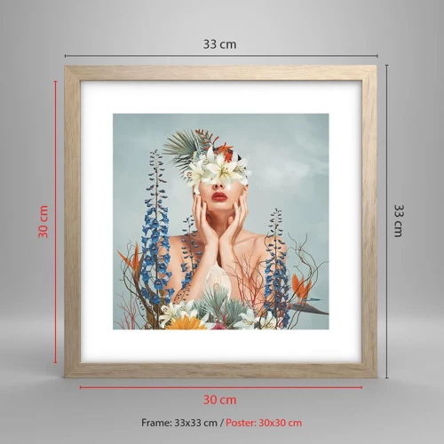 Plakát v rámu světlý dub - Žena – květina - 30x30 cm
