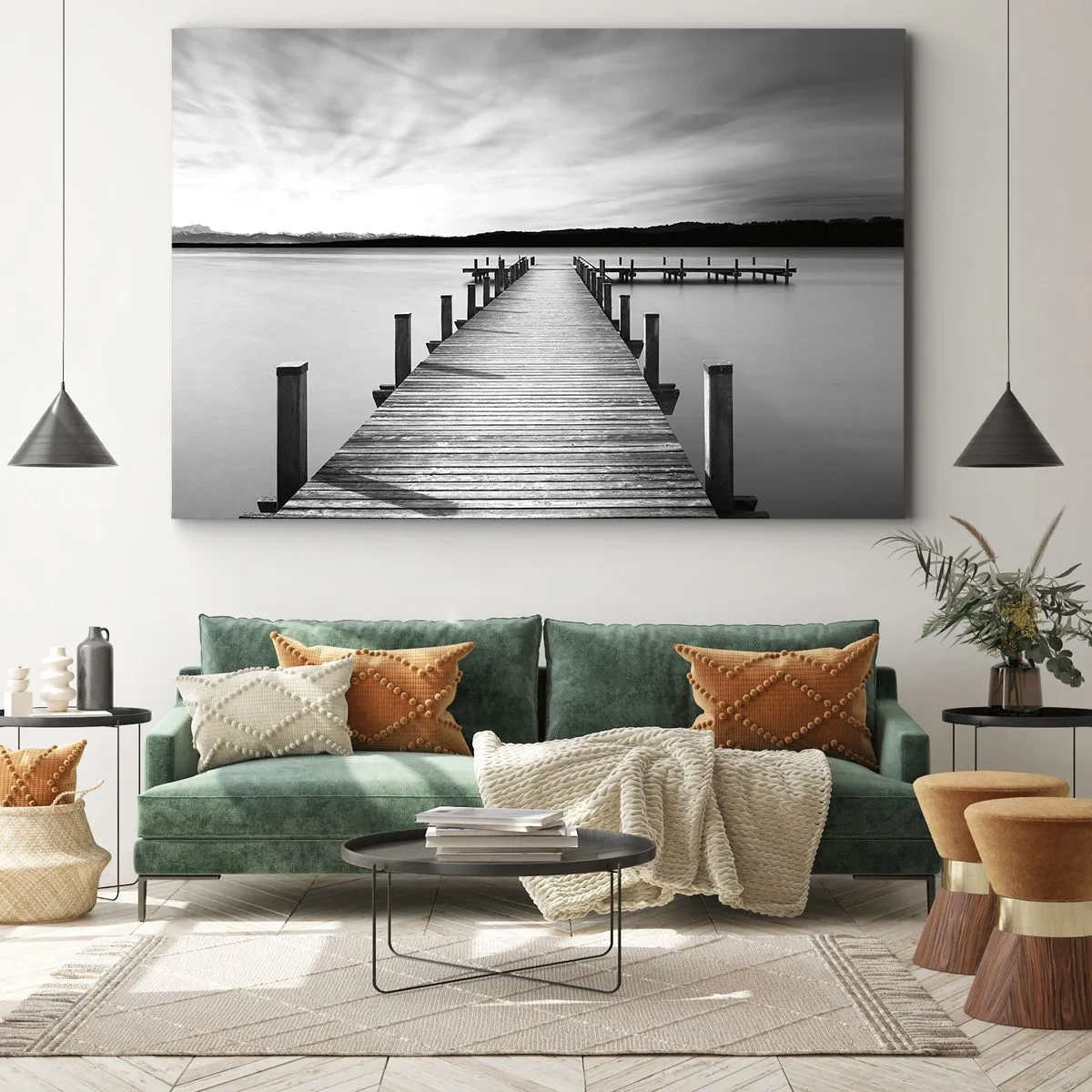 Obraz na plátně - Černobílé molo na klidném jezeře - 70x50cm - U napajedla – klidu - Moderní nástěnná dekorace do obývacího pokoje a ložnice ARTTOR