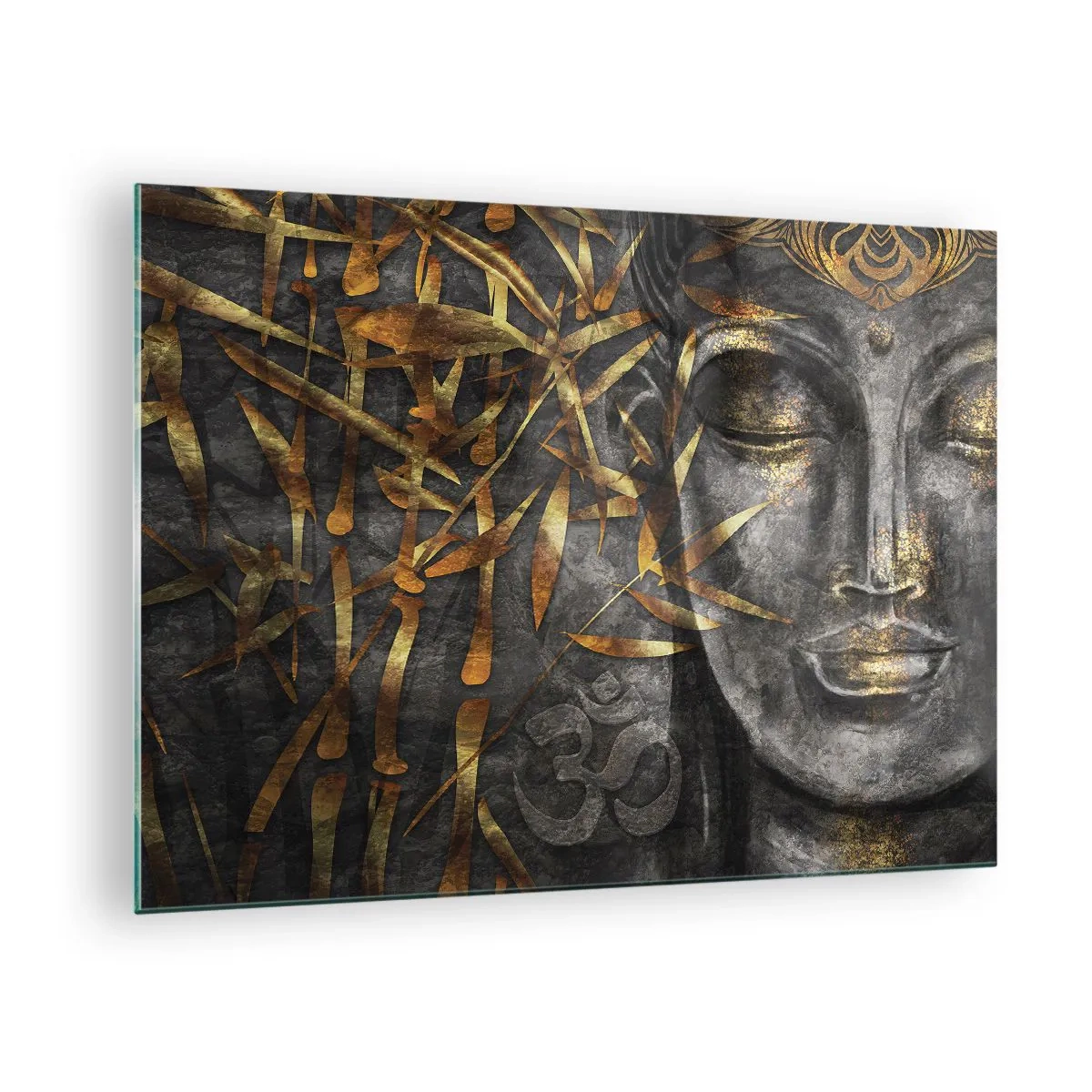Obraz na skle - Zlatý obraz Buddhy na bambusovém pozadí - 70x50cm - Pociťte klid - Moderní nástěnná dekorace do obývacího pokoje a ložnice ARTTOR
