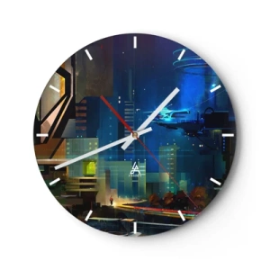 Nástěnné hodiny - Futuristické město v noci s neonovými světly a vozidly - 30x30cm - V blízké budoucnosti - Moderní nástěnná dekorace do obývacího pokoje, kuchyně a ložnice ARTTOR
