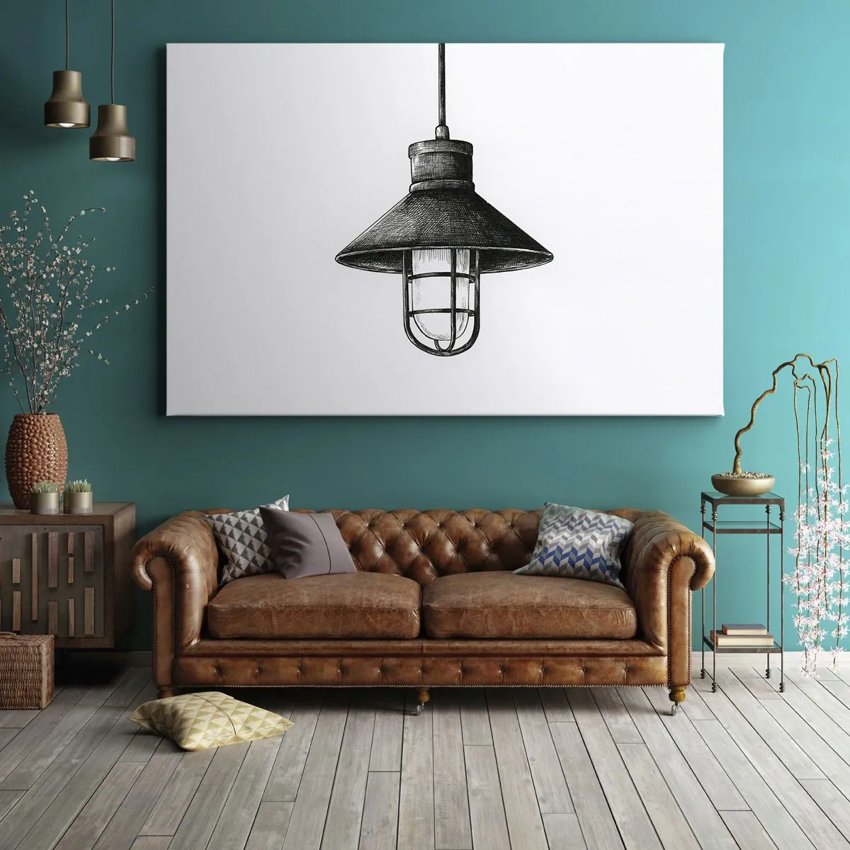Obraz na plátně - Kresba retro závěsné lampy na bílém pozadí - 70x50cm - Jako před lety… - Moderní nástěnná dekorace do obývacího pokoje a ložnice ARTTOR