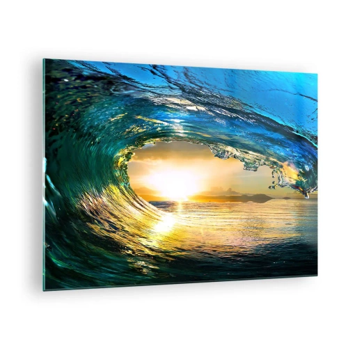 Obraz na skle - Mořská vlna zachycená ve světle zapadajícího slunce - 70x50cm - Ve smaragdově-zlatém křišťálu - Moderní nástěnná dekorace do obývacího pokoje a ložnice ARTTOR